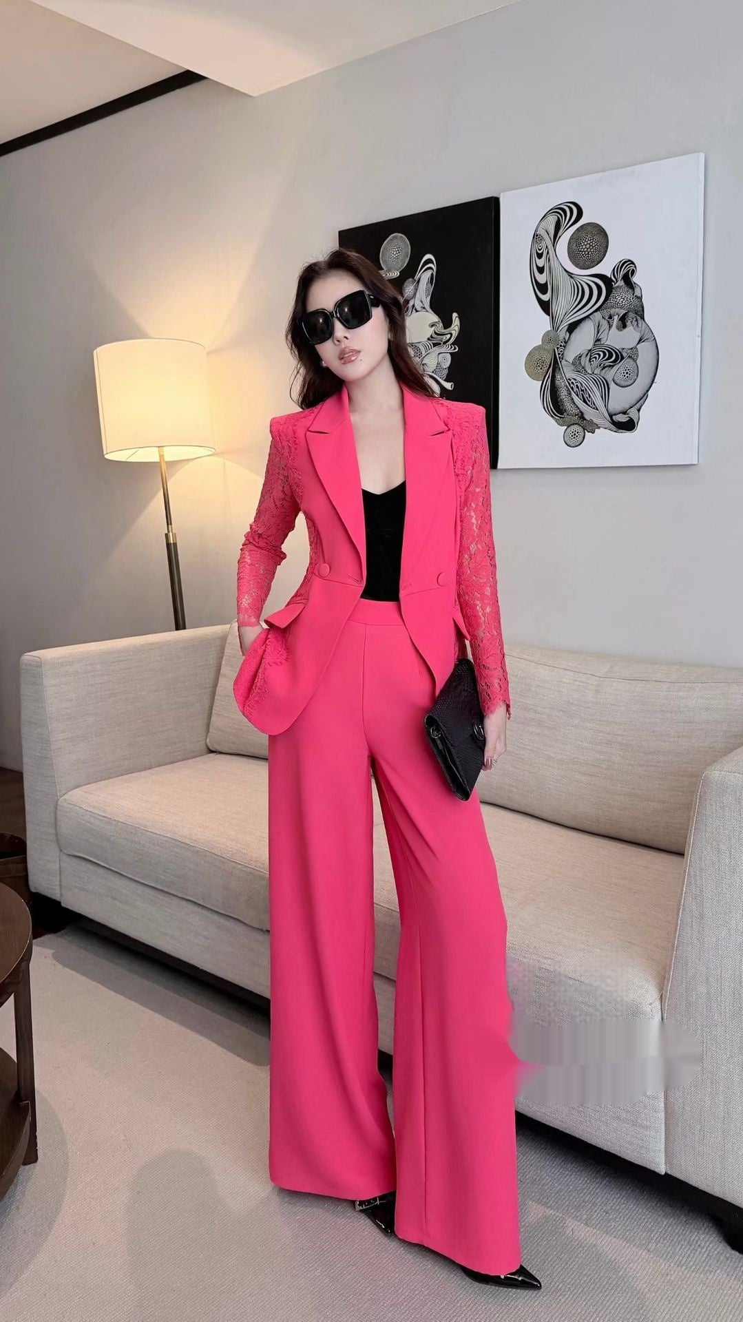Spring Solid Color Lace Patchwork Suit Set (see size chart under more details)