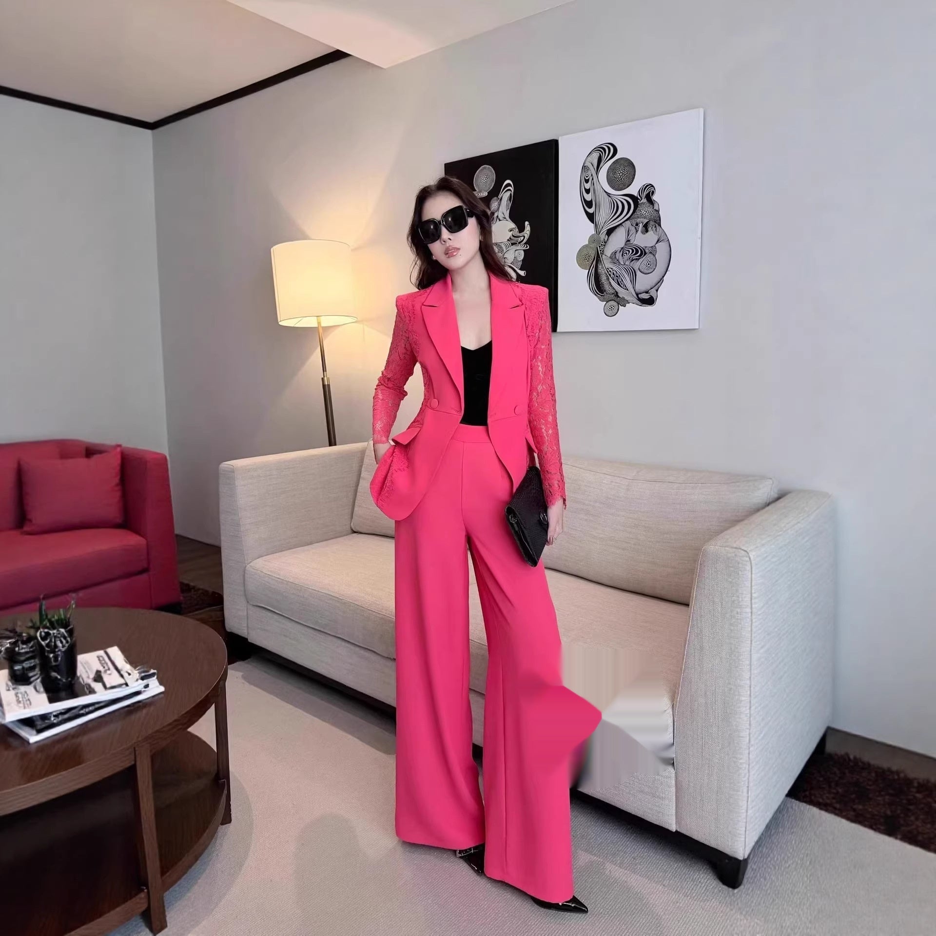Spring Solid Color Lace Patchwork Suit Set (see size chart under more details)